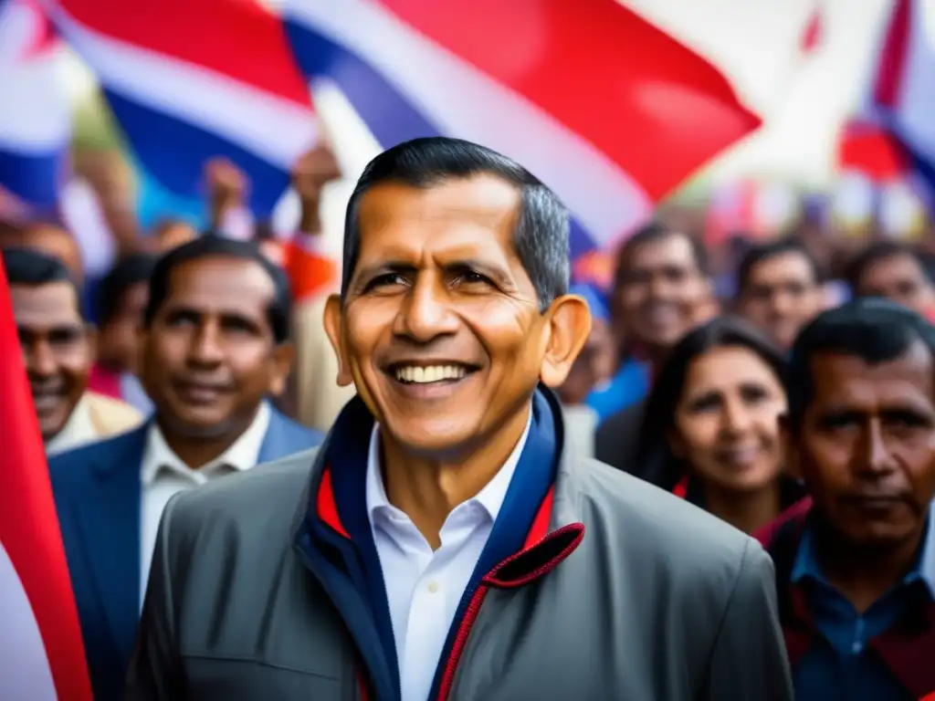 Una fotografía de alta resolución de Ollanta Humala en un mitin político vibrante, rodeado de seguidores diversos y carteles de campaña coloridos