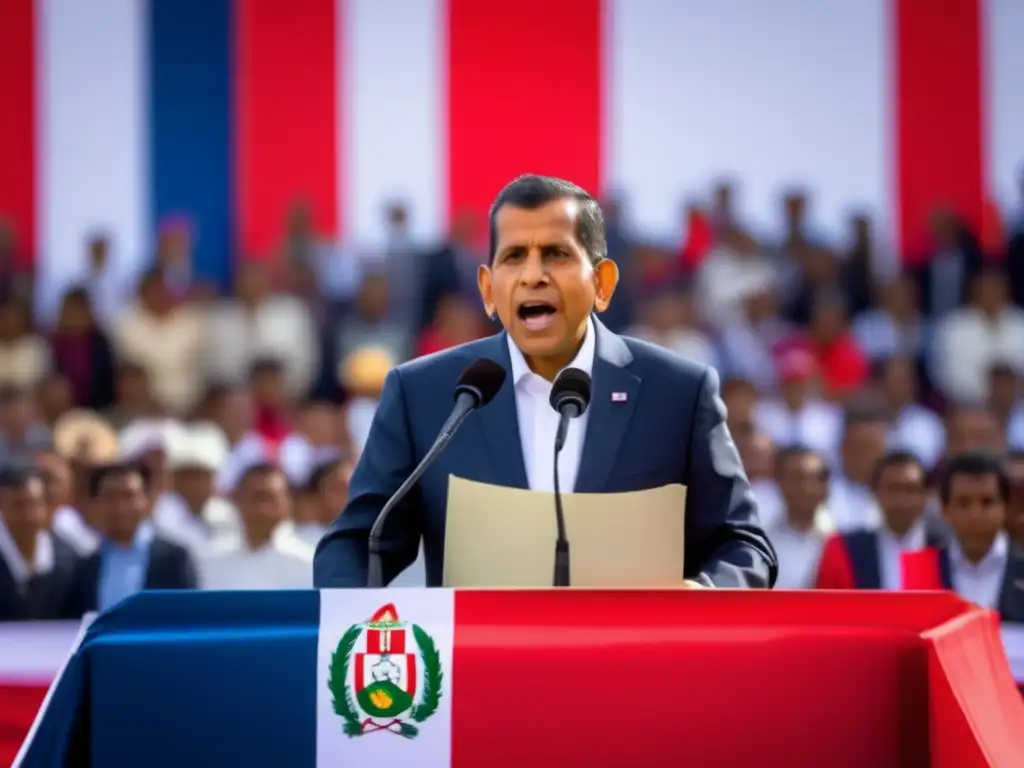 Ollanta Humala presidente Perú biografía: Ollanta Humala dando un enérgico discurso frente a una multitud, con la bandera peruana ondeando detrás