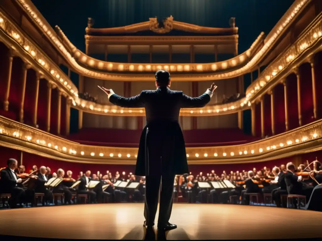 Giacomo Puccini dirige una ópera en un teatro grandioso, reflejando la intensidad y pasión de su contribución al Bel Canto