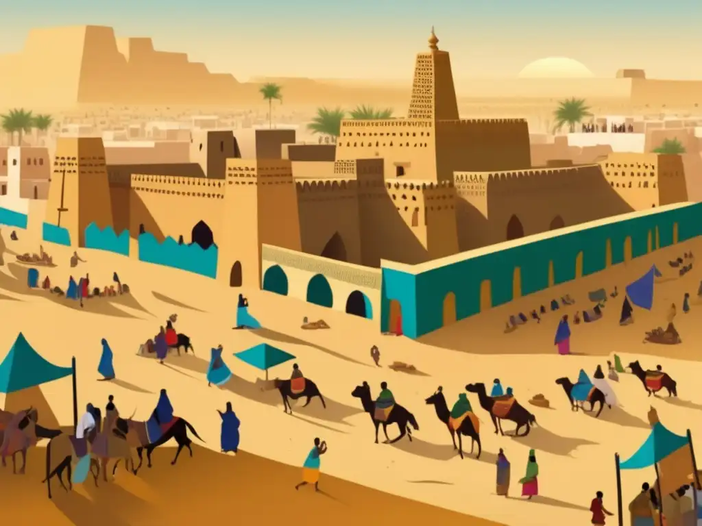 En la ilustración, la opulencia del Imperio de Mali cobra vida en Timbuktu, con riquezas, comercio y diversidad cultural en África