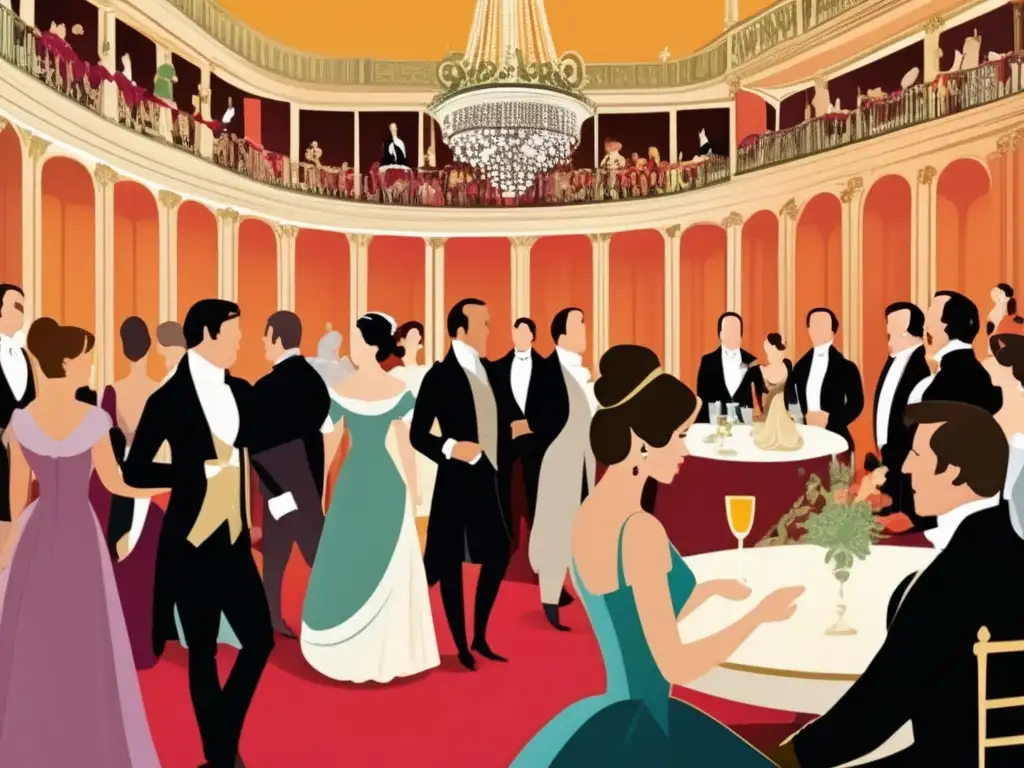En una opulenta sala de baile del siglo XIX, personajes de 'Orgullo y prejuicio' disfrutan de animadas conversaciones