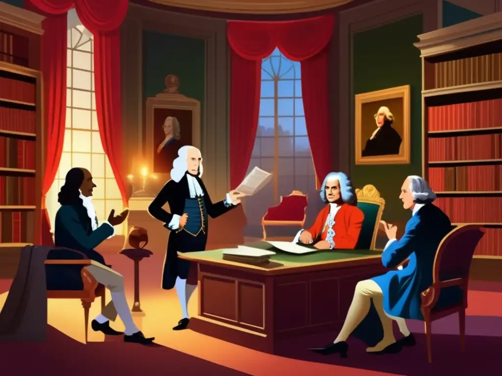 En una opulenta sala iluminada tenue, Voltaire debate con Franklin y Jefferson