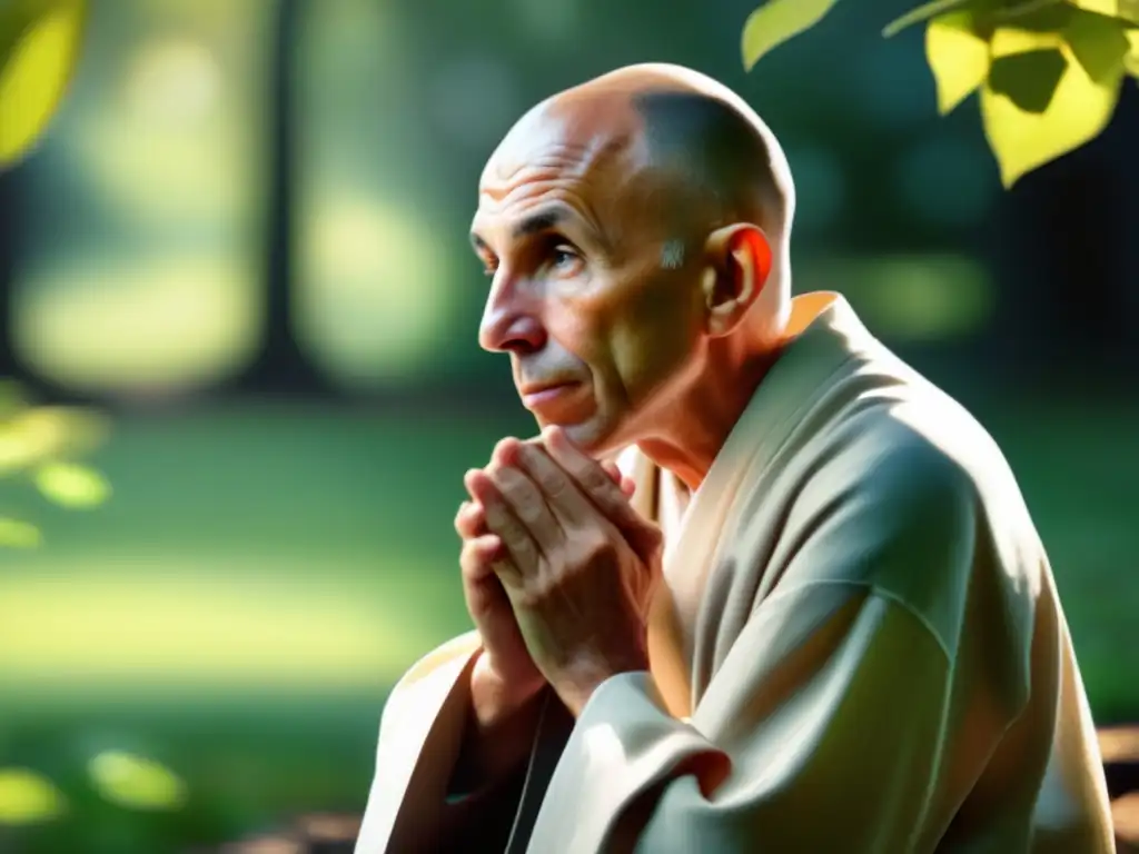 Serenidad en la oración: Thomas Merton en la naturaleza - Thomas Merton en oración contemplativa, rodeado de exuberante vegetación, irradiando serenidad y liderazgo silencioso