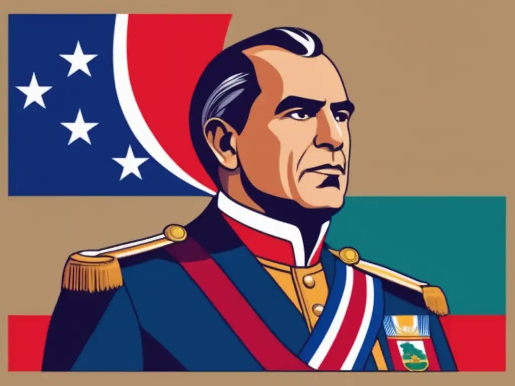 José Figueres Ferrer posa con orgullo junto a la bandera de Costa Rica en una ilustración digital vibrante y moderna