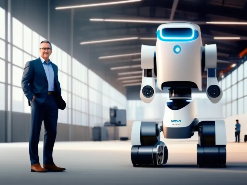 George Devol observa con orgullo a la primera robot industrial en acción, destacando su diseño moderno en un entorno industrial futurista