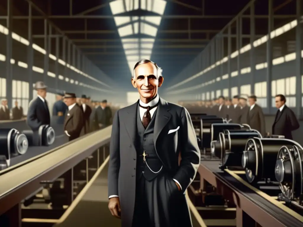 Henry Ford observa con orgullo su revolucionaria cadena de montaje, irradiando innovación y progreso en su fábrica de automóviles