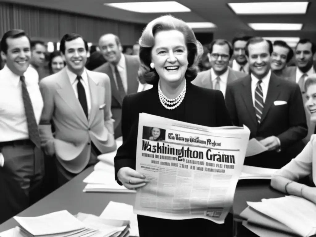 Katharine Graham liderando con orgullo en el Washington Post, rodeada de un equipo diverso y decidido en la sala de redacción