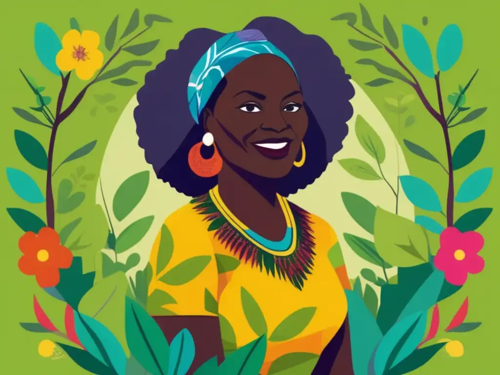 Wangari Maathai se destaca orgullosa en medio de un exuberante bosque, rodeada de flora y fauna diversas