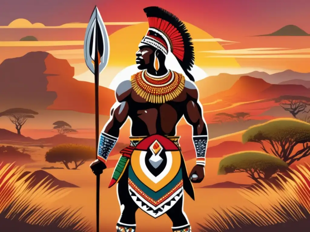 Un orgulloso guerrero Zulú destaca en la llanura al atardecer, exhibiendo fuerza y tradición Zulú