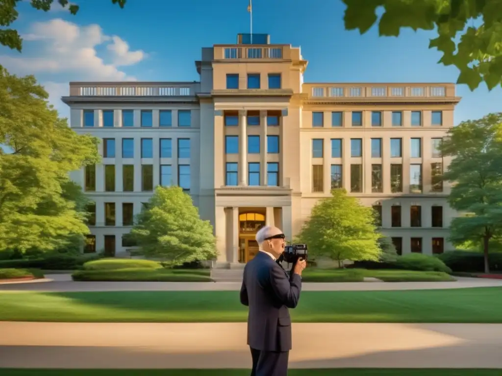 George Eastman posa orgulloso ante el icónico edificio Kodak, sosteniendo una de las primeras cámaras