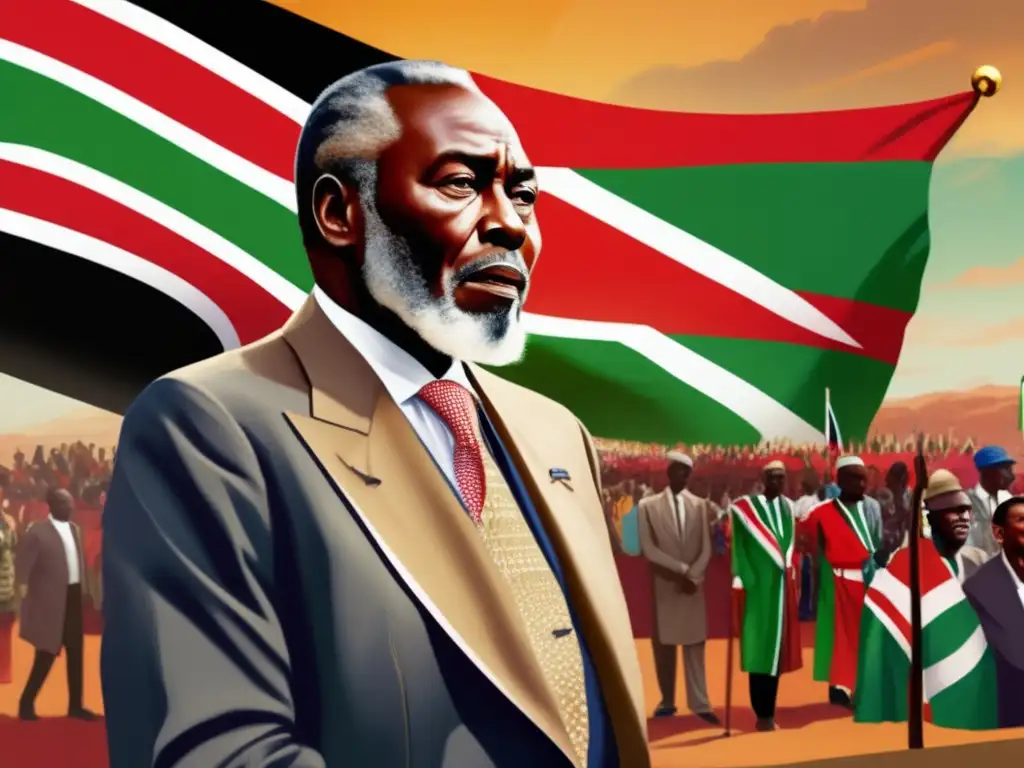 Un orgulloso Jomo Kenyatta frente a una multitud, con la bandera de Kenia ondeando en el fondo
