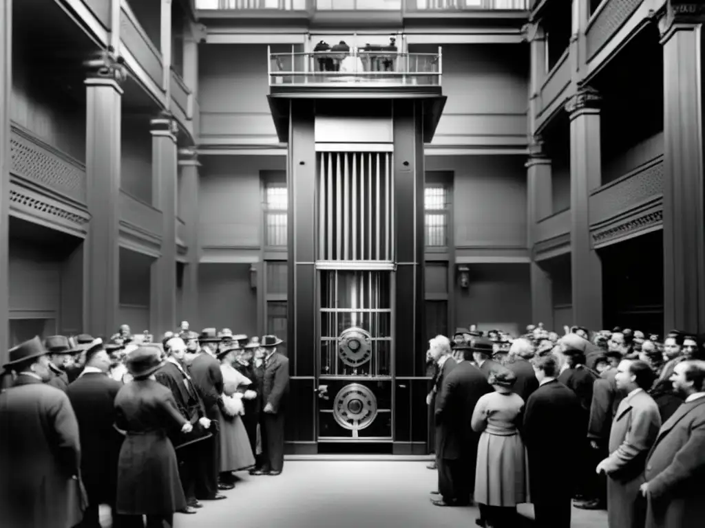 Elisha Otis posa orgulloso junto a su revolucionario ascensor de seguridad, rodeado de fascinados espectadores