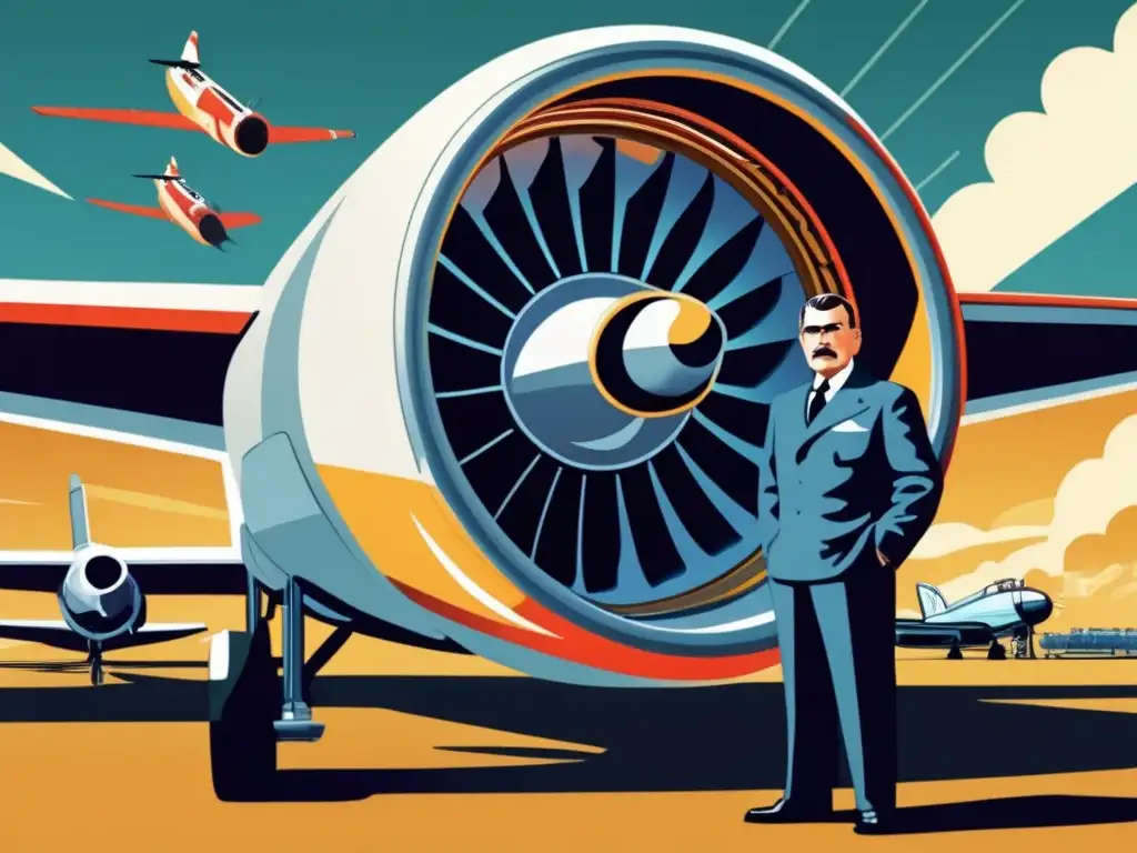 Frank Whittle se yergue orgulloso junto a un revolucionario motor a reacción, inmerso en una atmósfera futurista de innovación y avance en la aviación