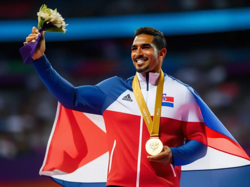 El orgulloso Félix Sánchez en el podio olímpico, con la bandera dominicana y la medalla de oro, reflejando su trayectoria olímpica y la determinación