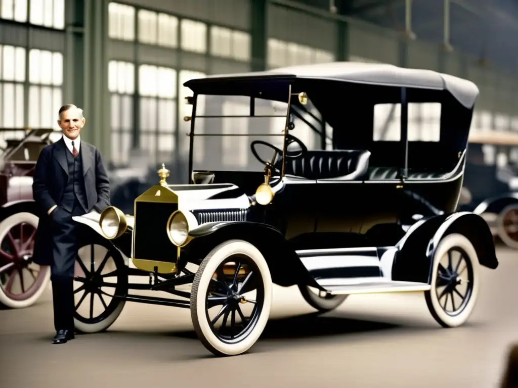 Henry Ford muestra orgulloso su revolucionaria cadena de montaje mientras posa junto a un flamante automóvil Modelo T recién ensamblado