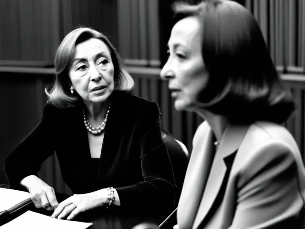 Oriana Fallaci entrevistando con determinación, capturando la intensidad del momento