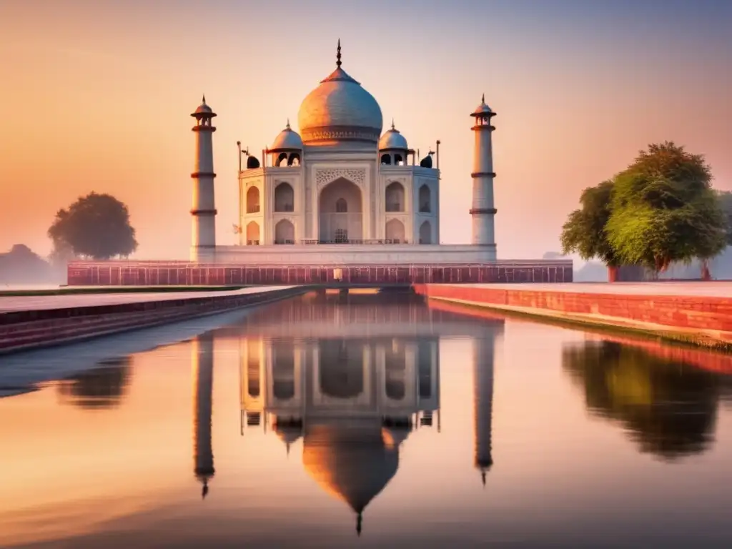 Maravilla al amanecer: Taj Mahal en 8k Desde la orilla del Yamuna, el amanecer baña el Taj Mahal en tonos suaves, revelando su magnífica arquitectura y la historia de amor de Shah Jahan