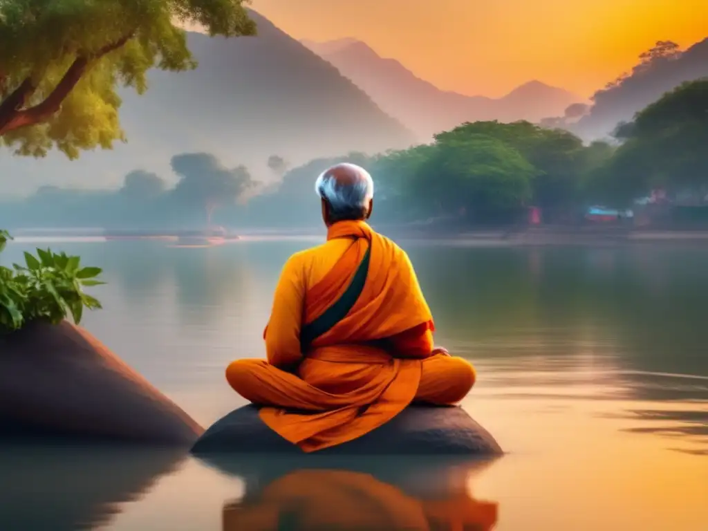 Swami Vivekananda medita a orillas del Ganges, rodeado de naturaleza exuberante y la cálida luz del sol