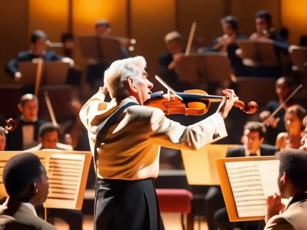 Leonard Bernstein dirige apasionadamente a una orquesta, bañada en luz dorada, transmitiendo el activismo de su música