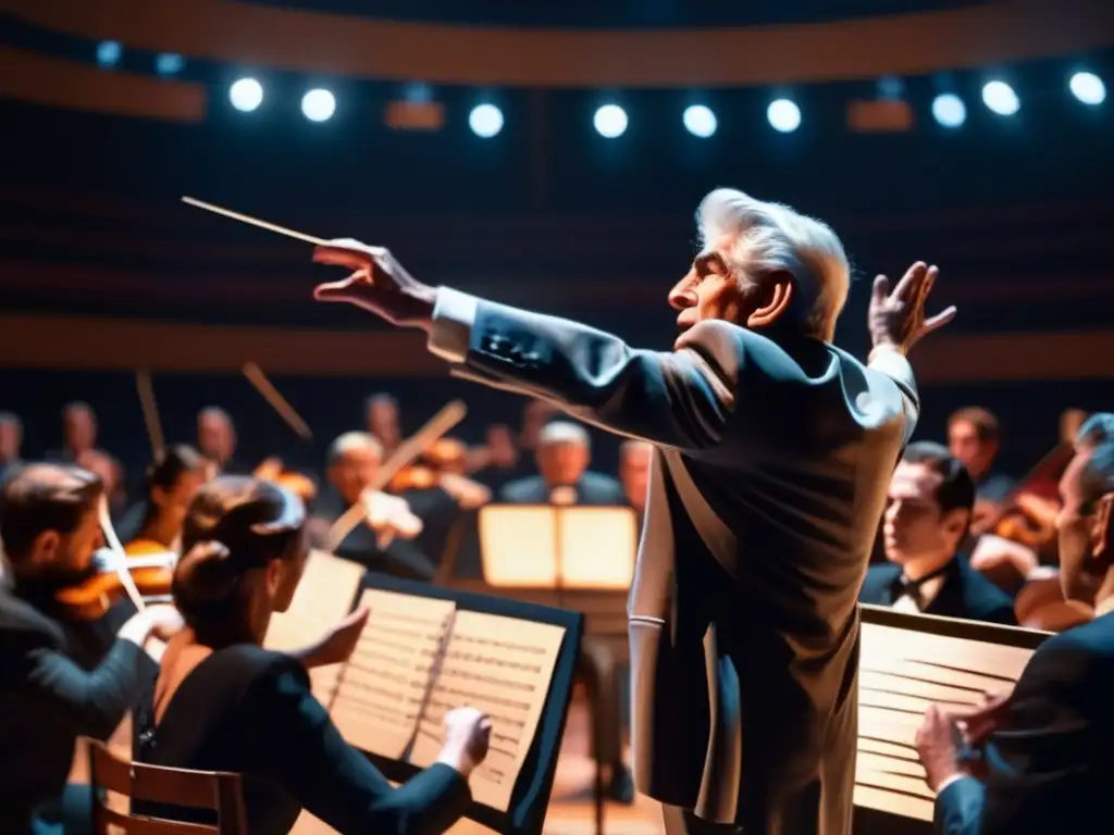 Leonard Bernstein dirige apasionadamente una orquesta, con gestos expresivos y músicos concentrados, en una representación visual de su legado musical
