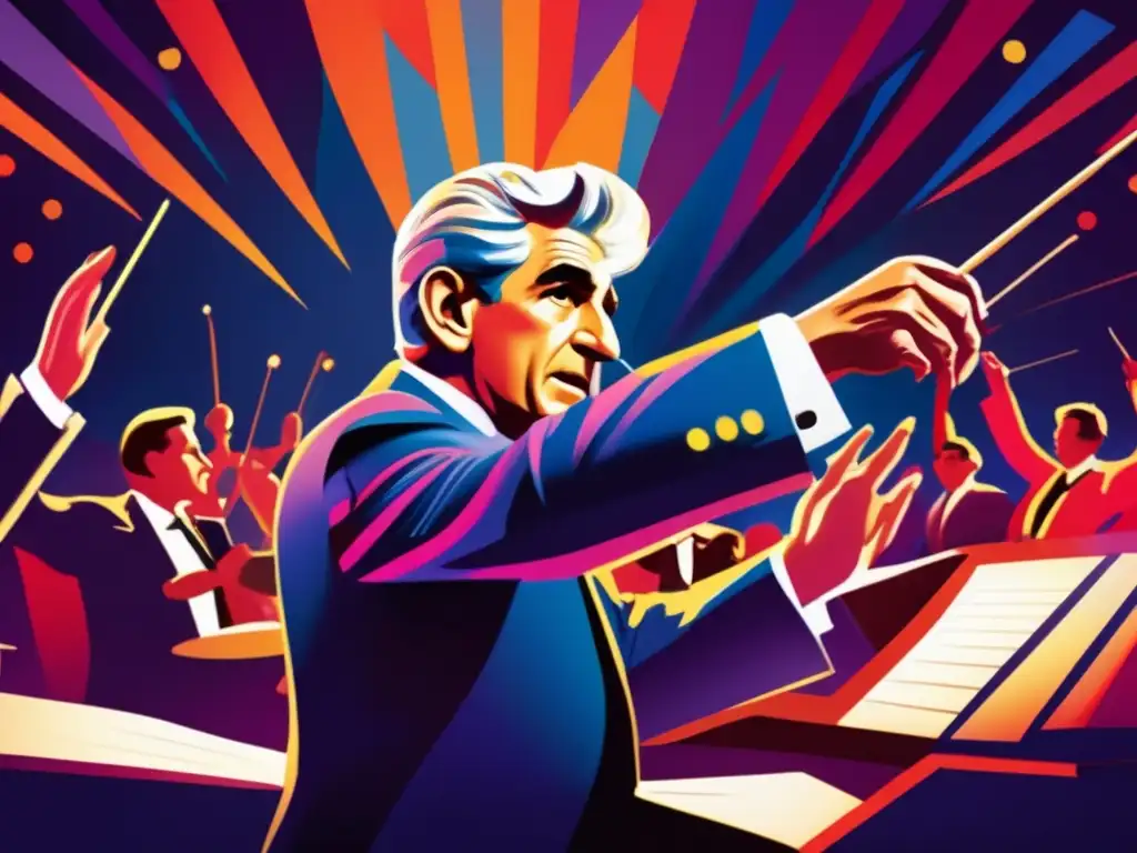 Leonard Bernstein dirige apasionadamente a una orquesta, transmitiendo la intensidad de su música y liderazgo