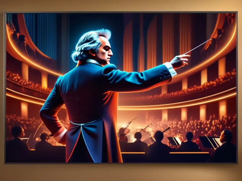 Ludwig van Beethoven dirige apasionadamente una orquesta en un teatro opulento, capturando la trascendencia y rebeldía de su música