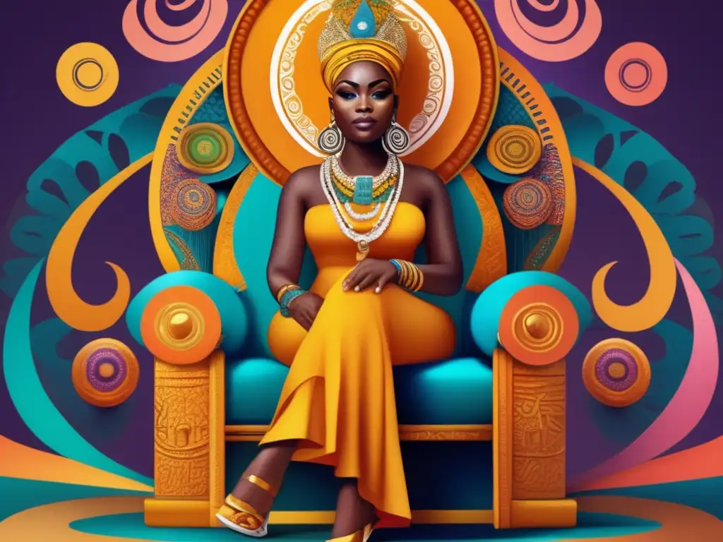 Orunmila, la deidad Yoruba de la sabiduría, se sienta en un trono majestuoso, rodeado de patrones y símbolos que representan conocimiento y luz