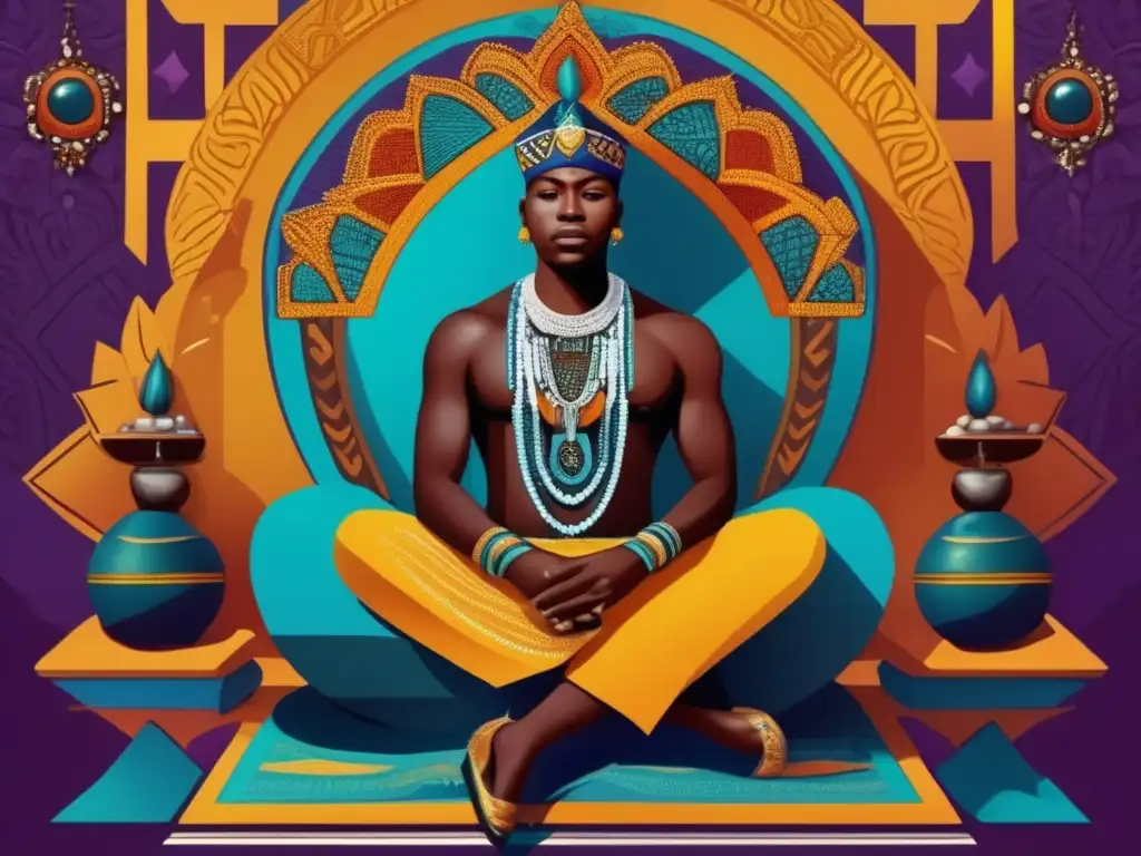Orunmila en majestuosa representación, rodeado de símbolos de sabiduría y espiritualidad en arte digital moderno
