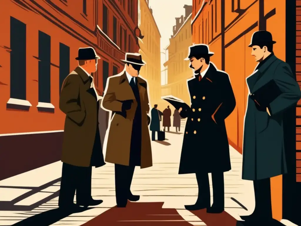 En una oscura calle de Moscú, espías intercambian documentos secretos bajo la vigilancia de agentes de la KGB