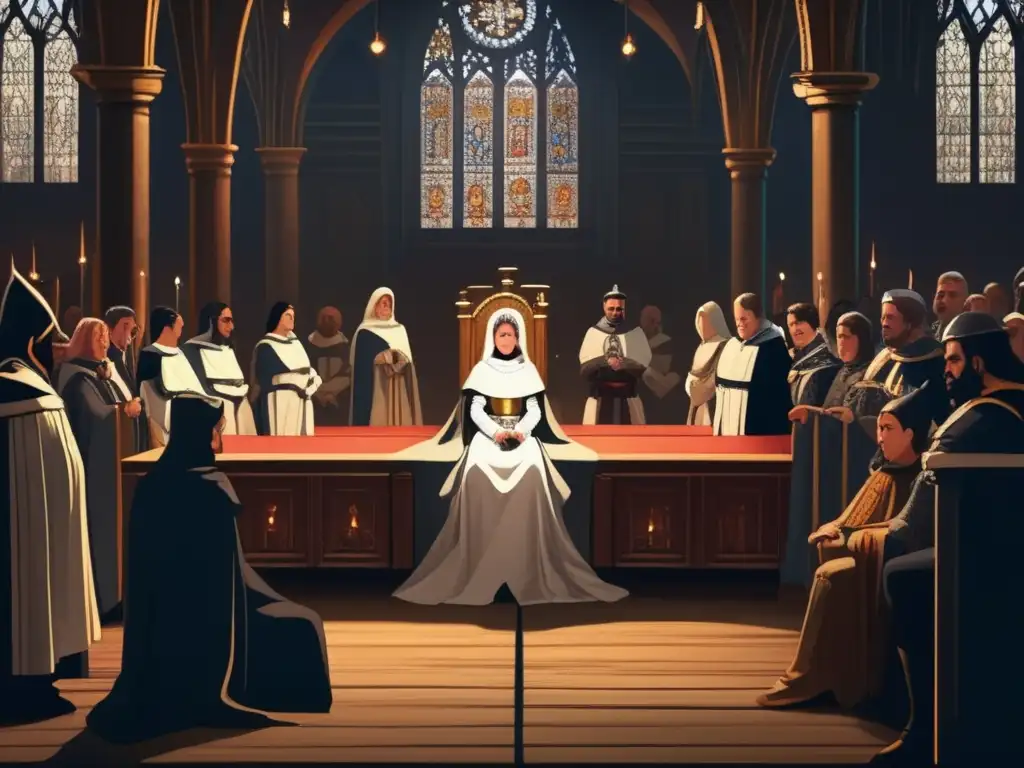 En una oscura cámara medieval, Jeanne d'Arc enfrenta a sus acusadores con determinación y angustia