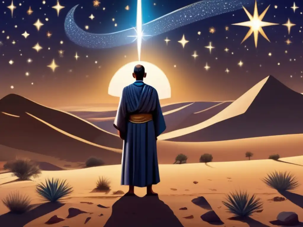 El legado espiritual de Abraham: una pintura digital impactante - Arte religioso en alta resolución En la oscura noche del desierto, Abraham contempla el cielo estrellado, rodeado de símbolos de tres religiones, su legado trascendental palpable