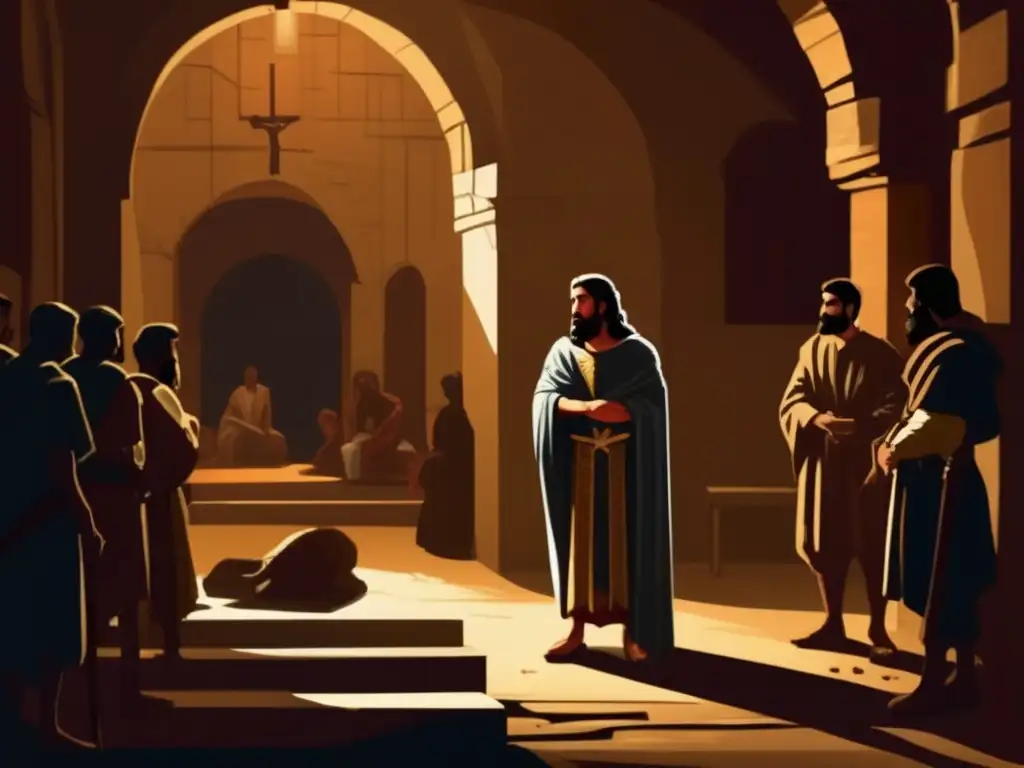 En la oscuridad de la mazmorra, Juan el Bautista aguarda con serena resignación mientras los soldados se acercan con intenciones amenazantes