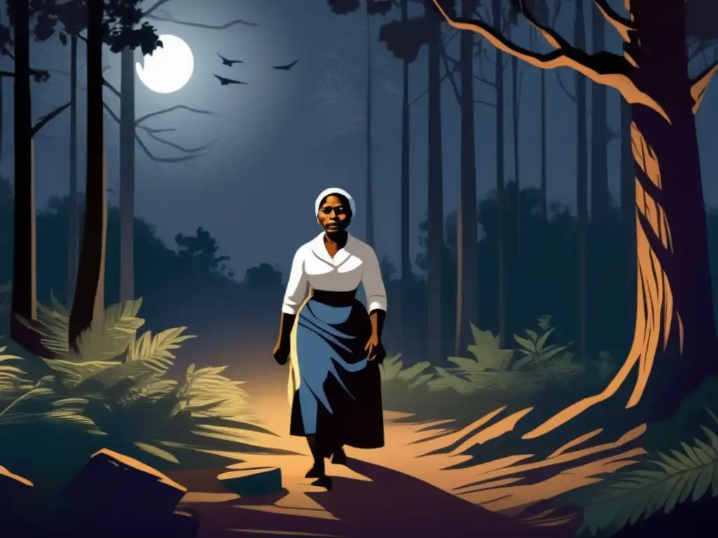 En la oscuridad de la noche, Harriet Tubman lidera a esclavos escapados a través del denso bosque en el peligroso viaje del ferrocarril subterráneo