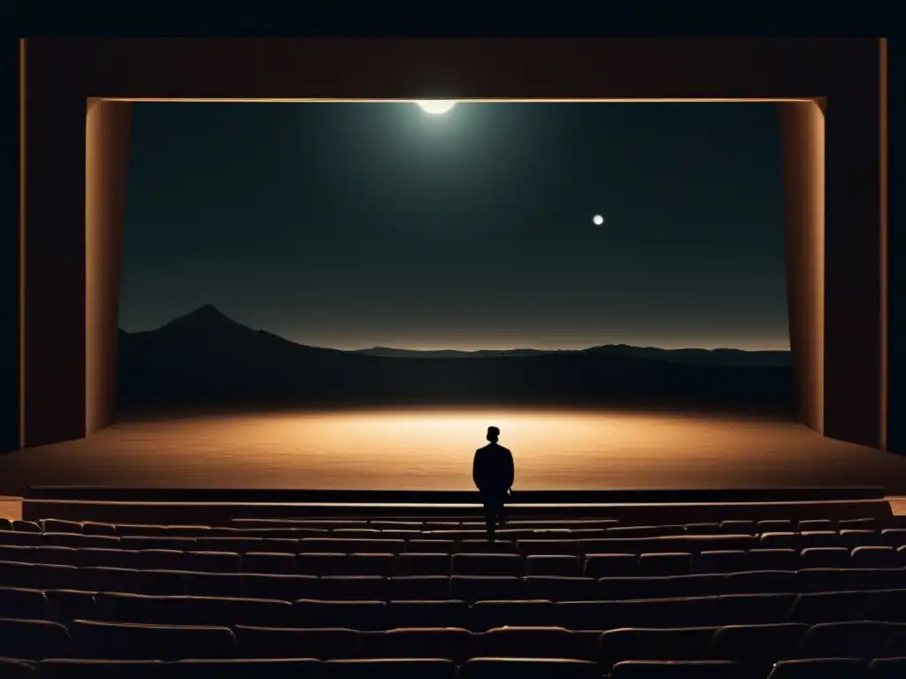 En el oscuro escenario teatral, una figura solitaria busca significado en el paisaje desolado