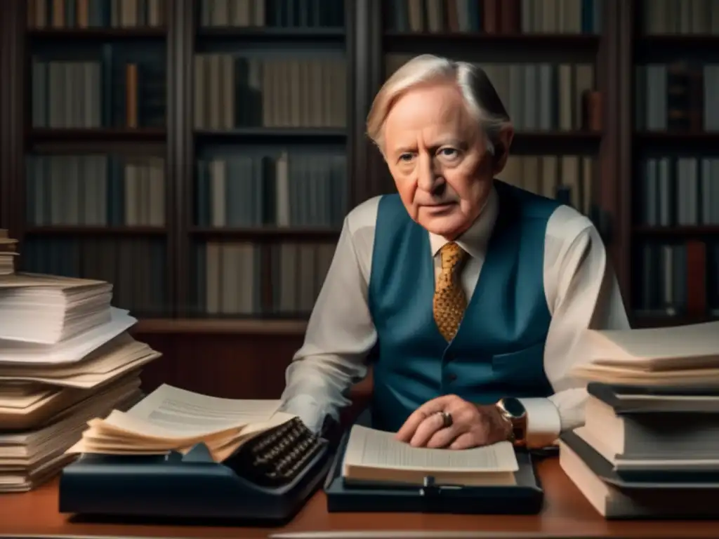 Tom Wolfe, el padre del Nuevo Periodismo, inmerso en su narrativa transformadora, rodeado de libros y papeles, concentrado en su máquina de escribir