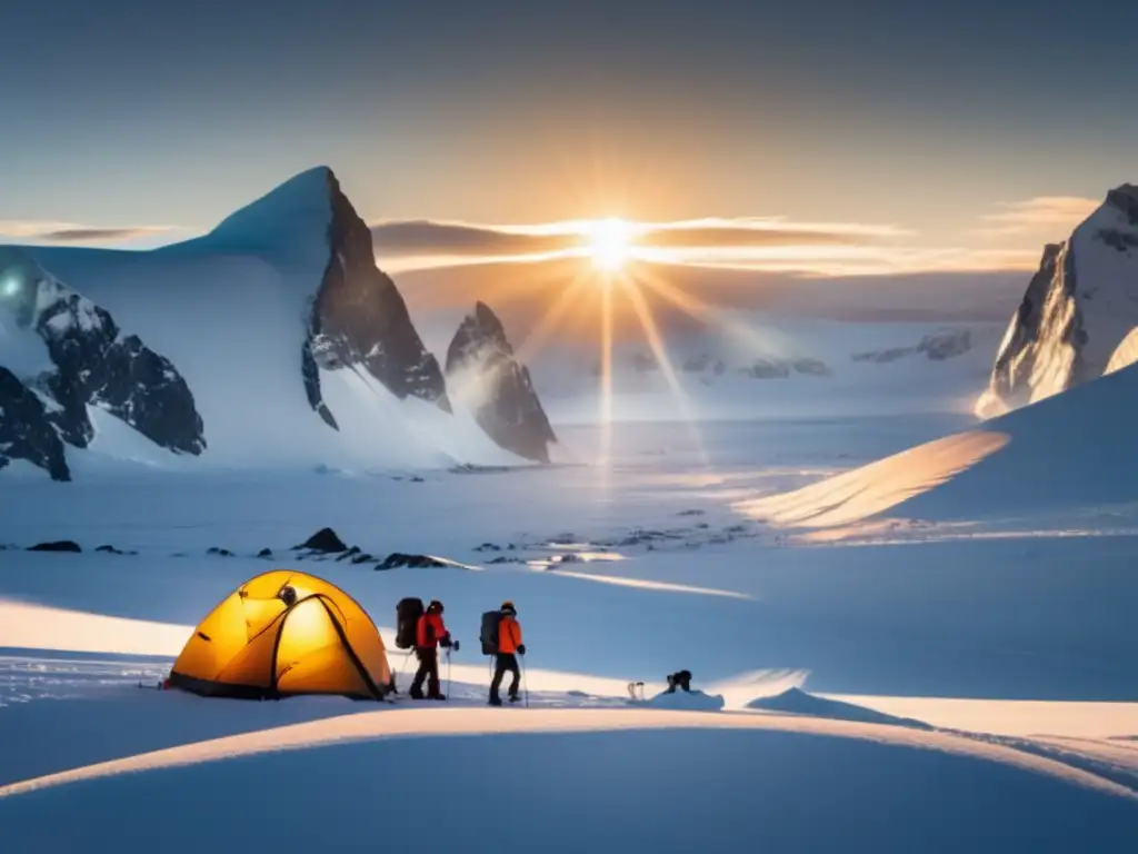 Un paisaje antártico cubierto de nieve, exploradores modernos en equipo avanzado, el sol dorado