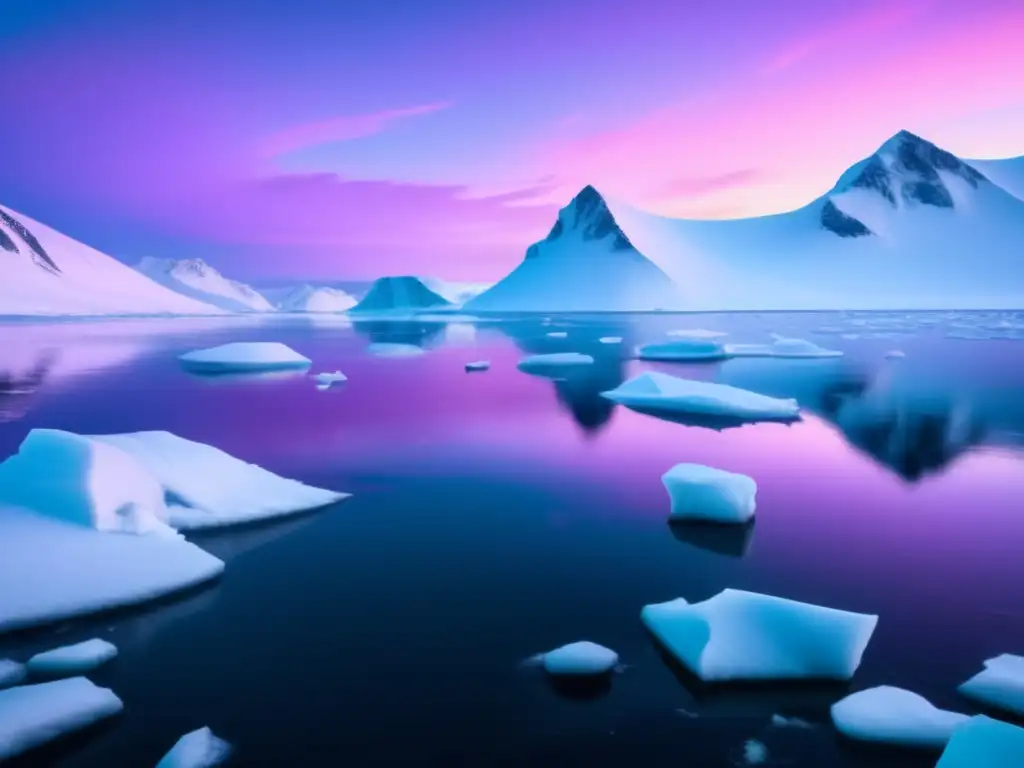 Un paisaje ártico impresionante con un vasto océano congelado, montañas nevadas y un barco de expedición