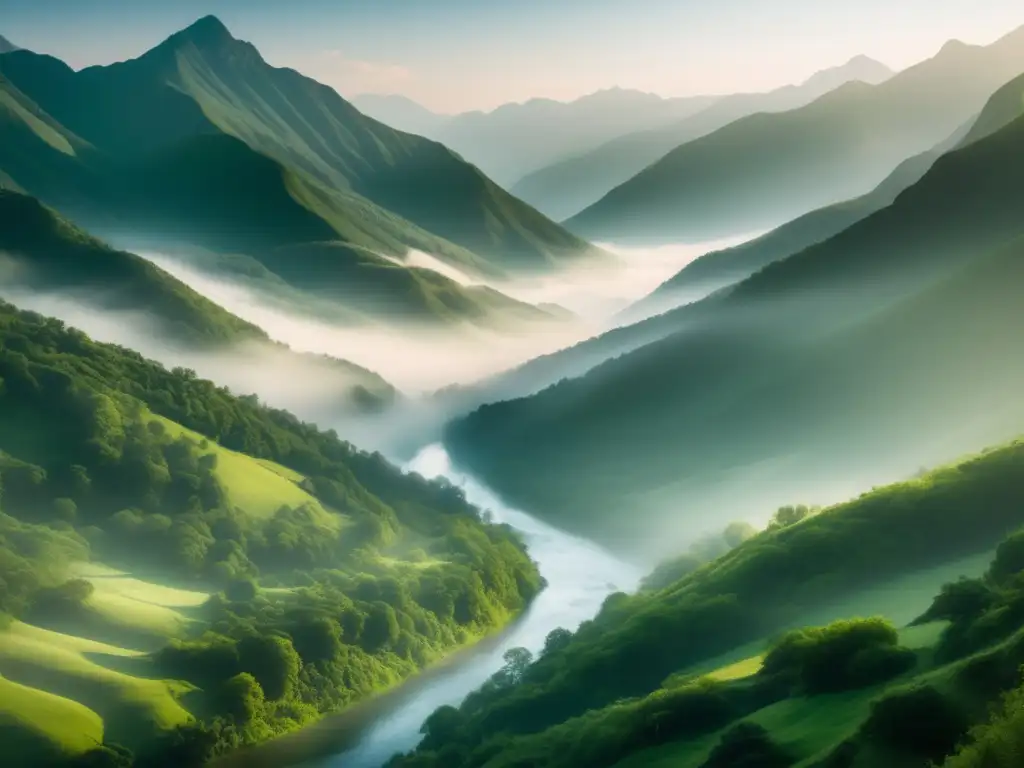 Un paisaje de montaña cubierto de niebla con un río serpenteante