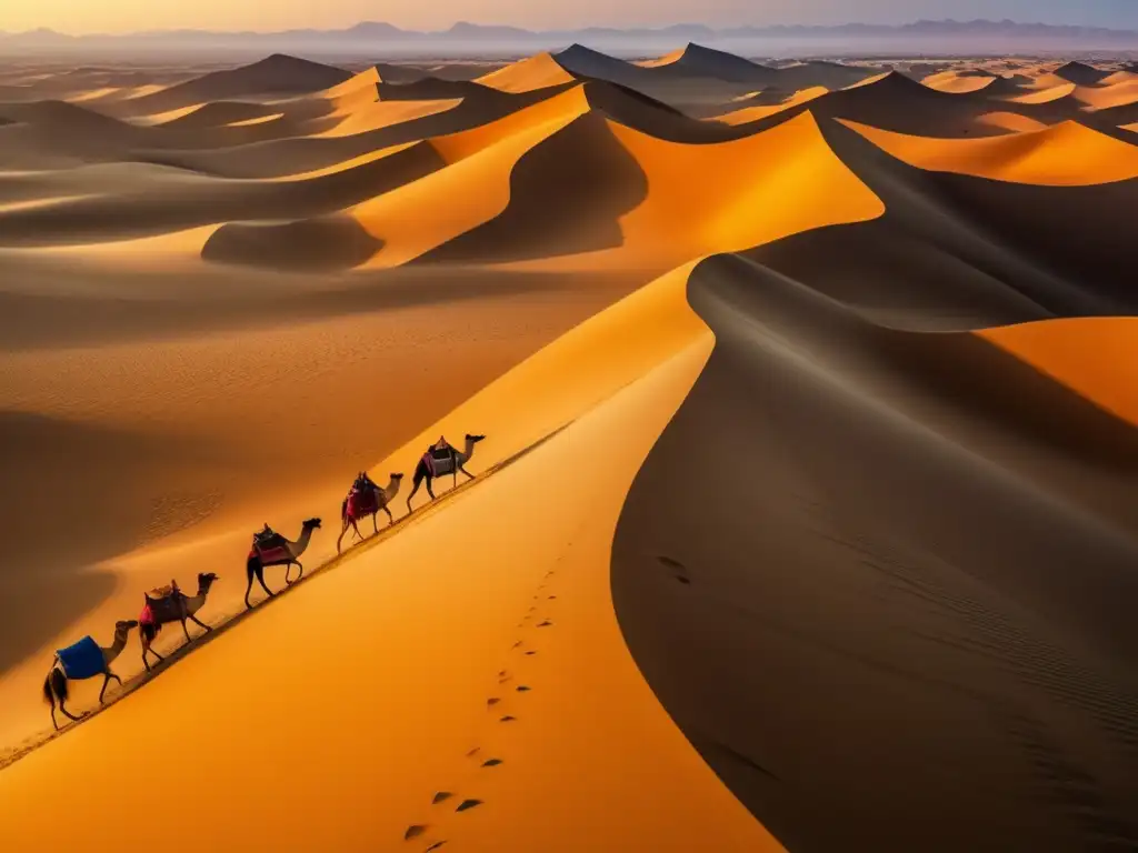 Un paisaje desértico de la antigua Ruta de la Seda, con caravanas de camellos y la luz dorada del sol