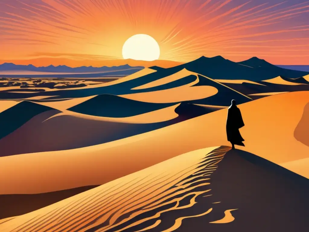 Un paisaje desértico majestuoso, con dunas iluminadas por el cálido sol poniente