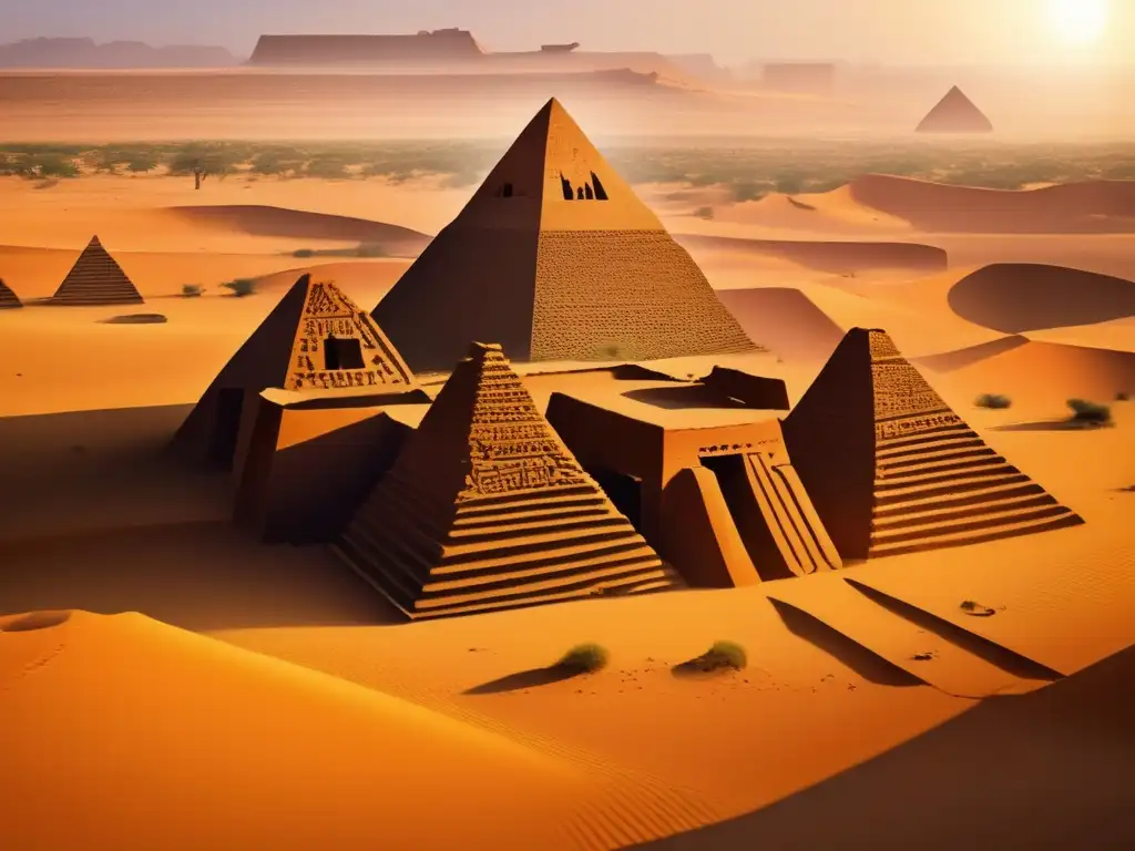 Un paisaje desértico con las pirámides y templos en ruinas de la antigua ciudad de Meroe, hogar de los faraones negros de Nubia Kush