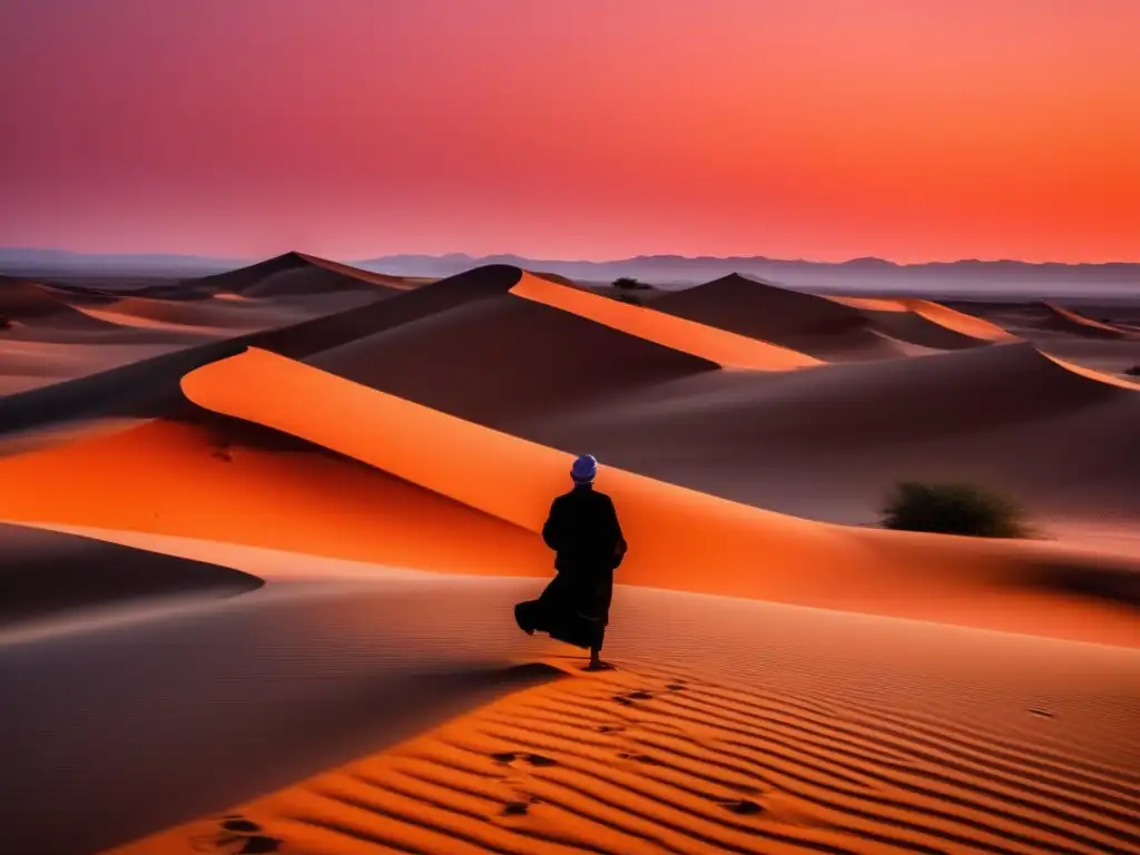 Un paisaje desértico sereno al atardecer, con un cielo naranja y rosa reflejado en las ondulantes dunas