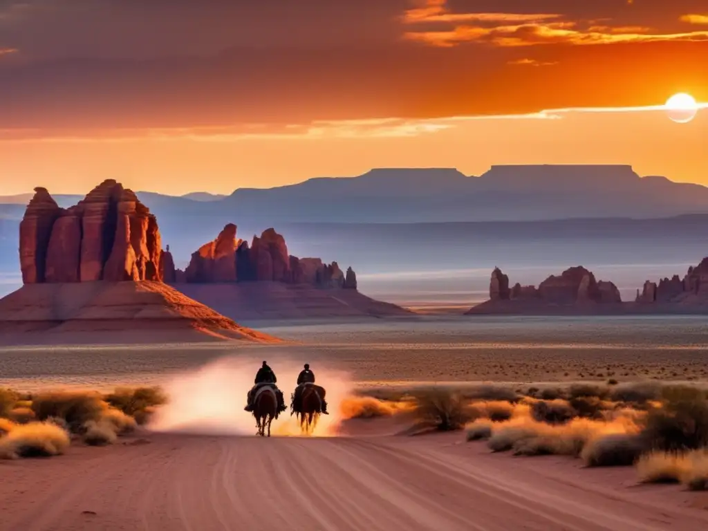 Un paisaje desértico vasto con formaciones rocosas rojas imponentes en la distancia