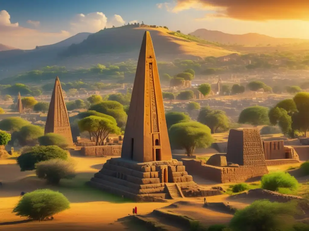 Un paisaje deslumbrante del Reino de Axum, primer reino cristiano, con obeliscos icónicos y arquitectura histórica