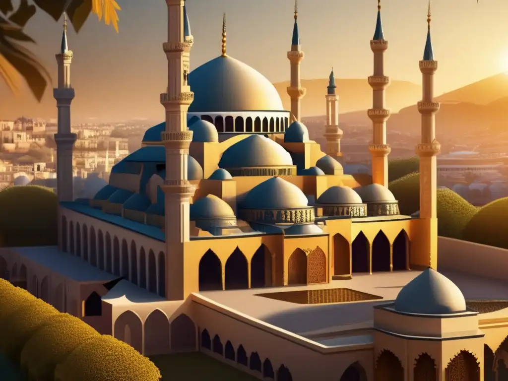 Un paisaje detallado de una mezquita selyúcida, con patrones geométricos intrincados y tallados ornamentales, en una bulliciosa ciudad medieval