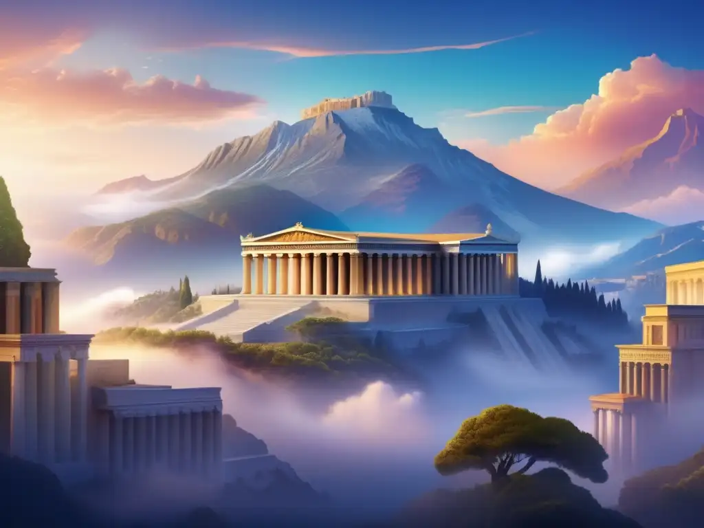 Un paisaje divino del Monte Olimpo, hogar de los dioses griegos, rodeado de arquitectura antigua