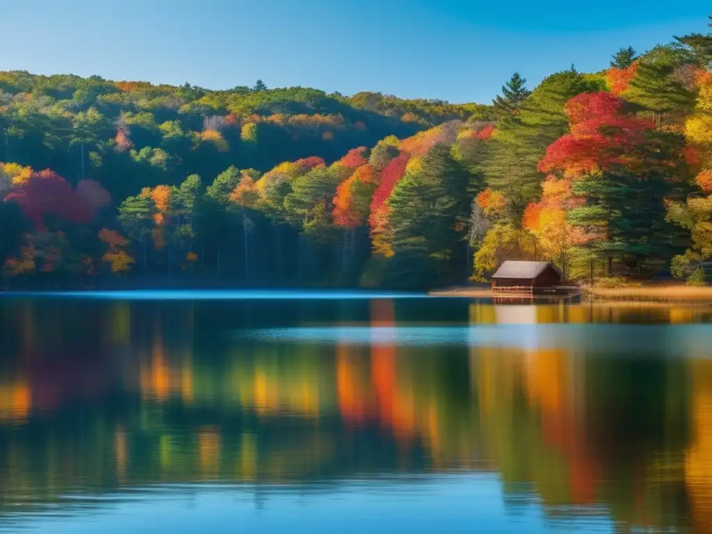 Un paisaje de ensueño en Walden Pond: colores otoñales, cabaña entre árboles y agua cristalina