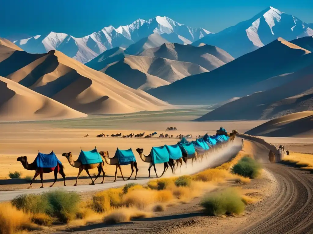 Un paisaje épico de la antigua Ruta de la Seda en Asia Central, con caravanas de camellos y comerciantes en coloridos atuendos