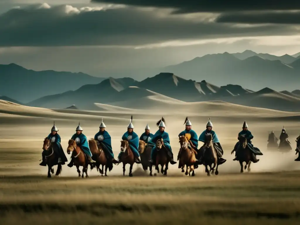 Un paisaje épico de la estepa mongol con guerreros a caballo, evocando las estrategias militares de Genghis Khan