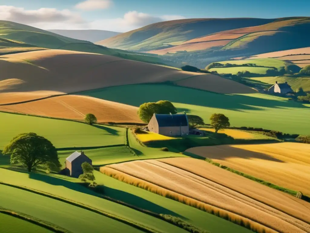 Un paisaje escocés vibrante durante el ritual de la cosecha, con campos dorados, colinas verdes y una granja de piedra en la distancia